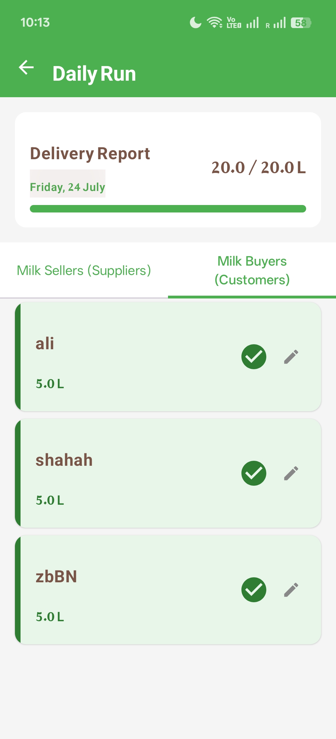 Dodhi daily run screen showing delivery tracking