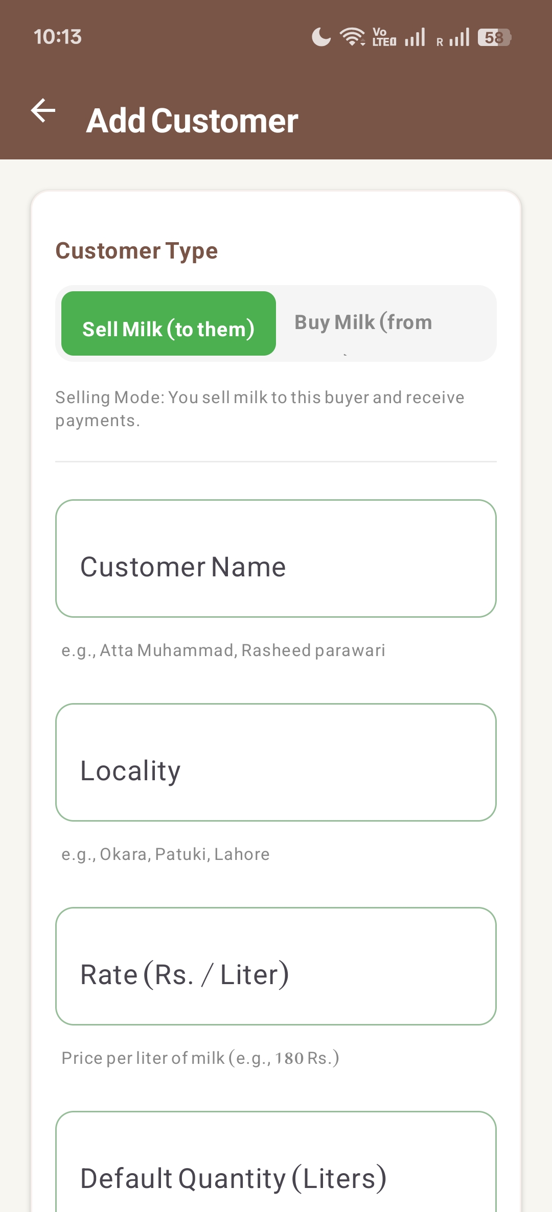 Dodhi Add Customer screen — set name, locality, and rate per liter